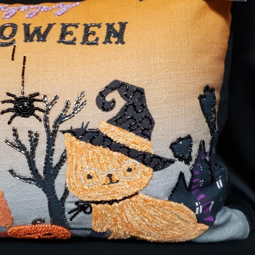 Mi Chateaux Applique and Beaded Dog and Cat Halloween Pillow